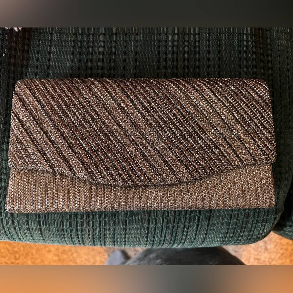 Gold Shimmery Evening Bag/Long Silver Chain Crossbody